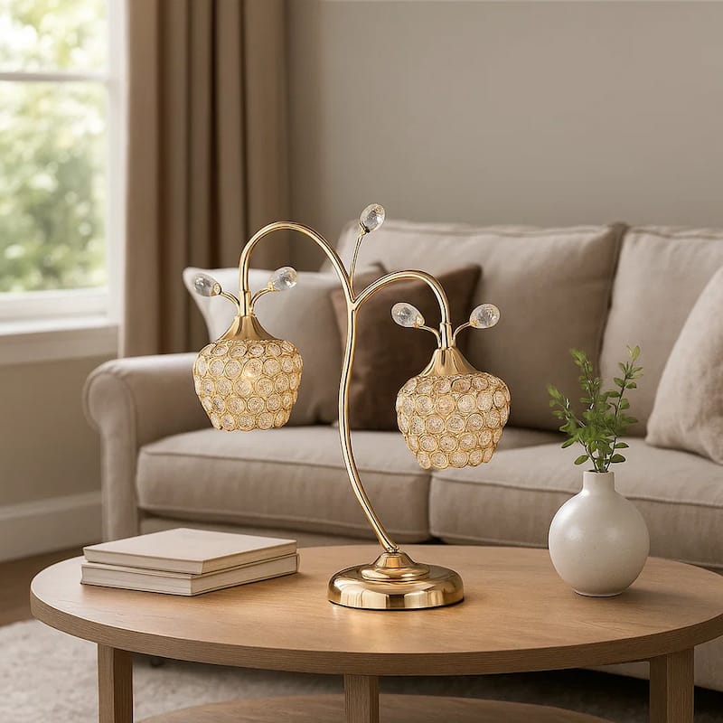 Floral Tree Design Metal Table Lamp with Dome Shade and Crystals, Gold