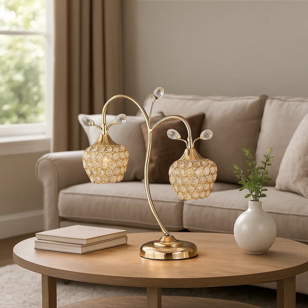 Floral Tree Design Metal Table Lamp with Dome Shade and Crystals, Gold