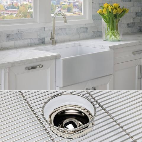 Fossil Blu 30-Inch SOLID Fireclay Farmhouse Sink in White, Polished Nickel Accessories, Flat Front - 30 x 20 x 10