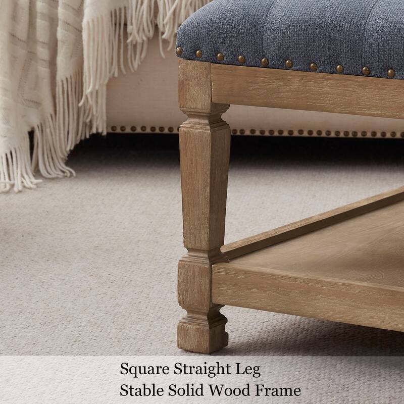 Button-Tufted Upholstered Coffee Table Ottoman with Wooden Shelf – Square Fabric Ottoman