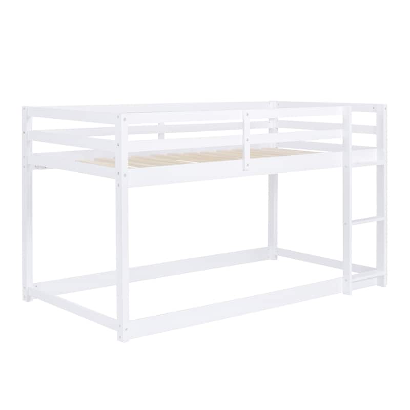 Twin over Twin Floor Bunk Bed with Ladder, White