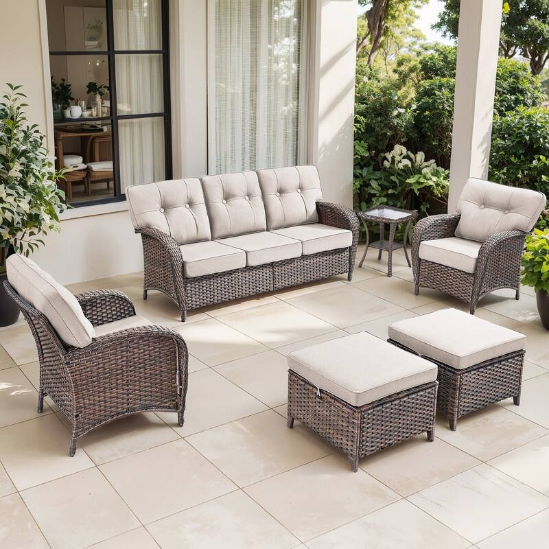 Gymojoy 6-Piece Outdoor Wicker Patio Furniture Set, 5" Thick Cushioned Rattan Conversation Set