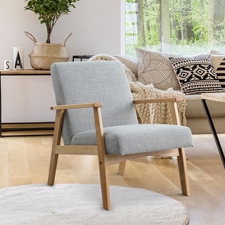 Mid-Century Armchair with Wood Frame Linen Upholstered Accent