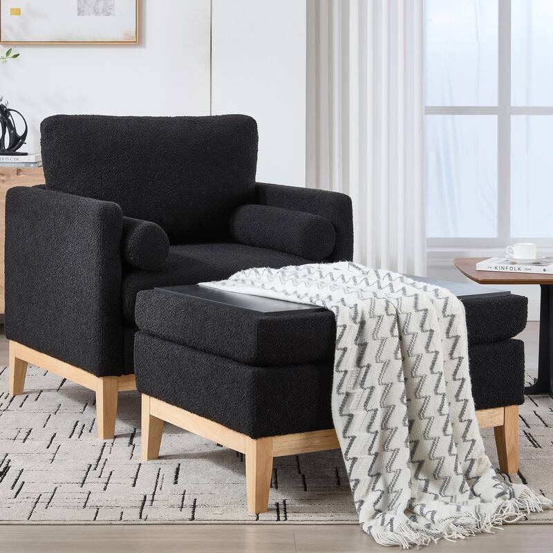 Boucle Armchair with Storage Ottoman - 300lb Capacity, Farmhouse Style