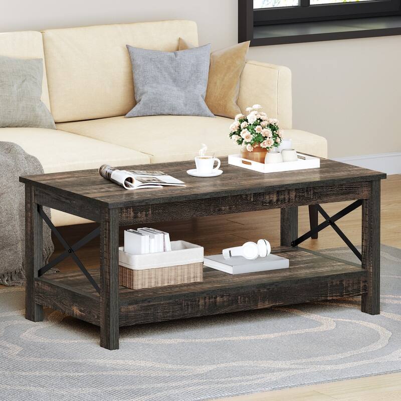 Moasis Farmhouse Coffee Table with Shelf, 2-Tier Center Table for Living Room - 22"X39" - Rustic Oak