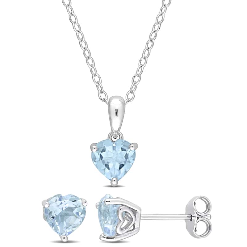 Miadora 2 7/8ct TGW Heart-Shape Sky Blue Topaz Solitaire Necklace & Stud Earrings Set Sterling Silver