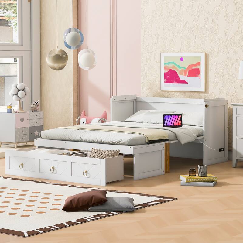 Full Size Space-Saving Design Murphy Bed with USB Port and Large Drawer for Bedroom