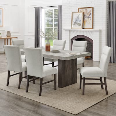 Roundhill Furniture Sorlen Modern 7-Piece Dining Set, 3D Faux Concrete Table with 6 Chairs