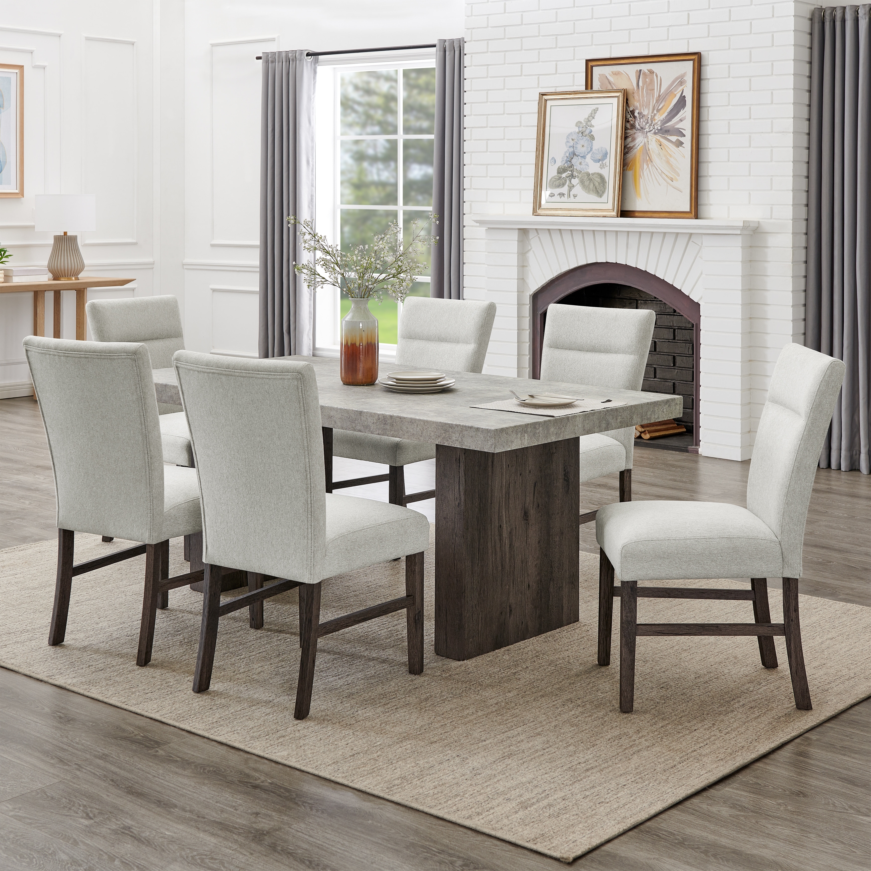 Roundhill Furniture Sorlen Modern 7-Piece Dining Set, 3D Faux Concrete Table with 6 Chairs