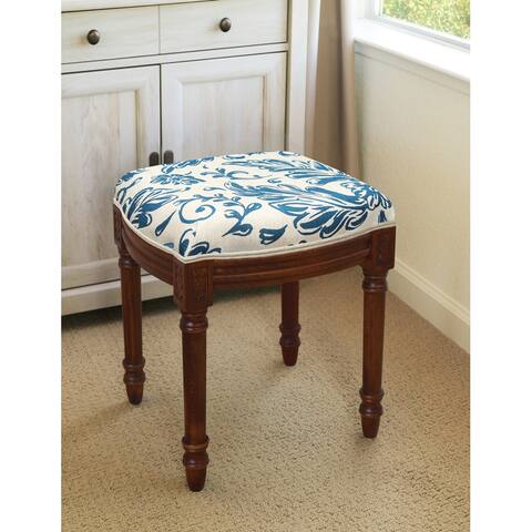 Navy Blue Tuscan Floral Vanity Stool with wood stained finish