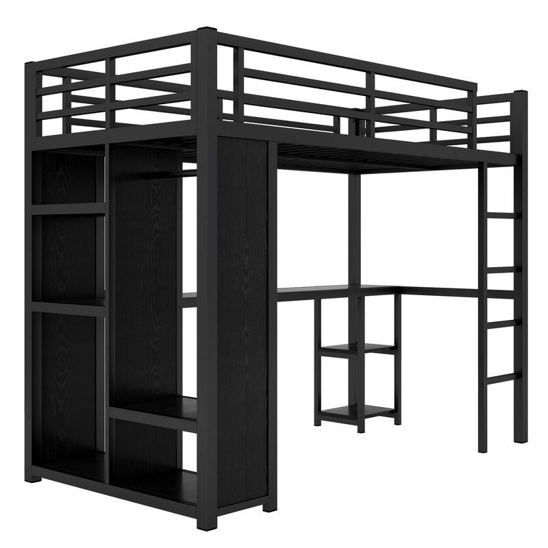 High Loft Bed Metal Bed Frame with Built-in Open Wardrobe, Desk and Storage Shelves, Twin XL Size Loft Bed with Guardrails