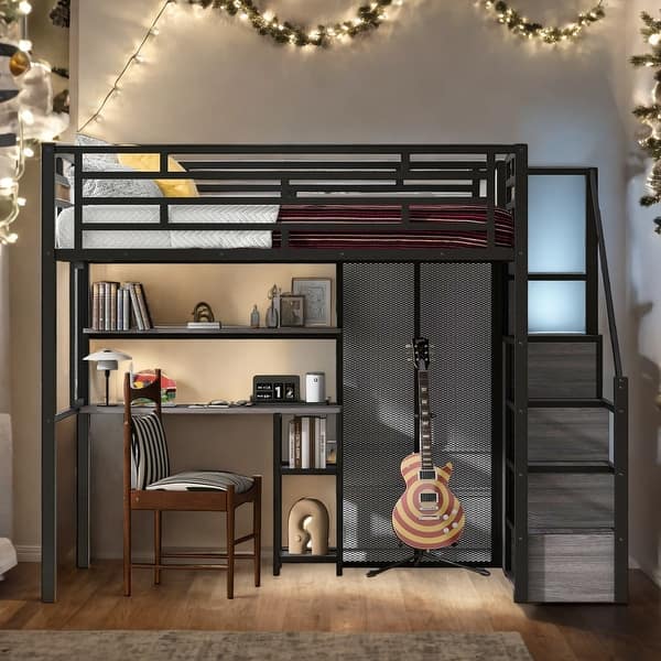 slide 2 of 13, Black Full Size Loft Bed with Storage Wardrobe and Staircase, Kids Metal Bed with Desk, Storage Shelves Black