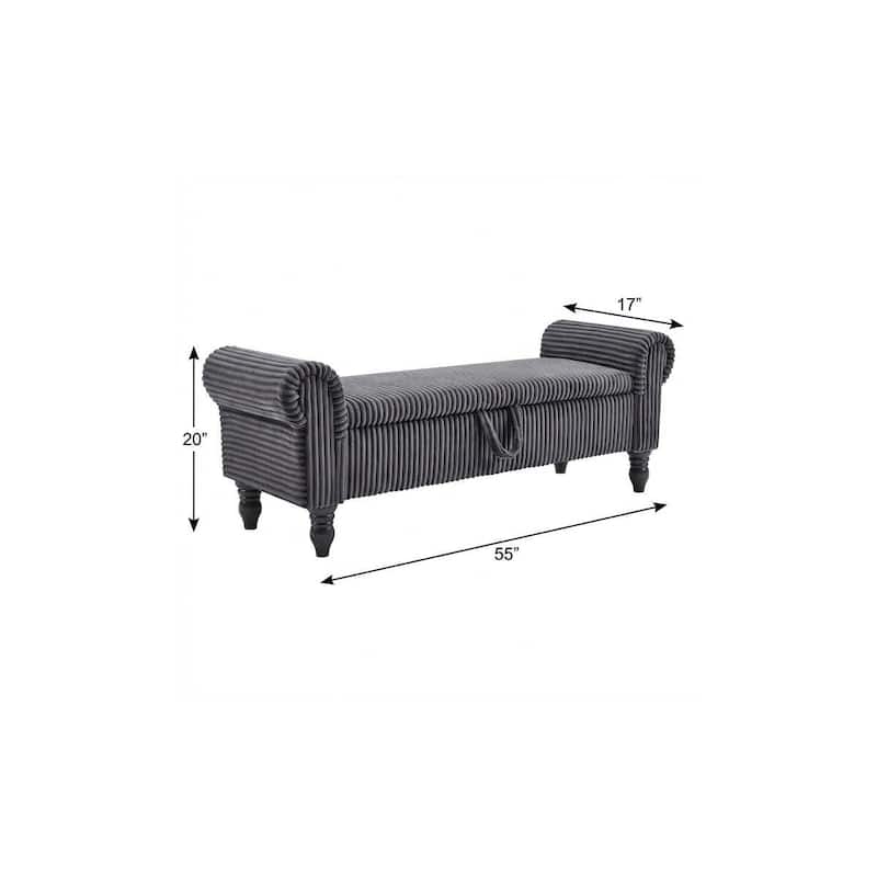 HomeRoots 55" Dark Gray Corduroy and Solid Wood Upholstered Storage Bench With Flip Top - 55.00 in. x 20.00 in. x 17.00 in.