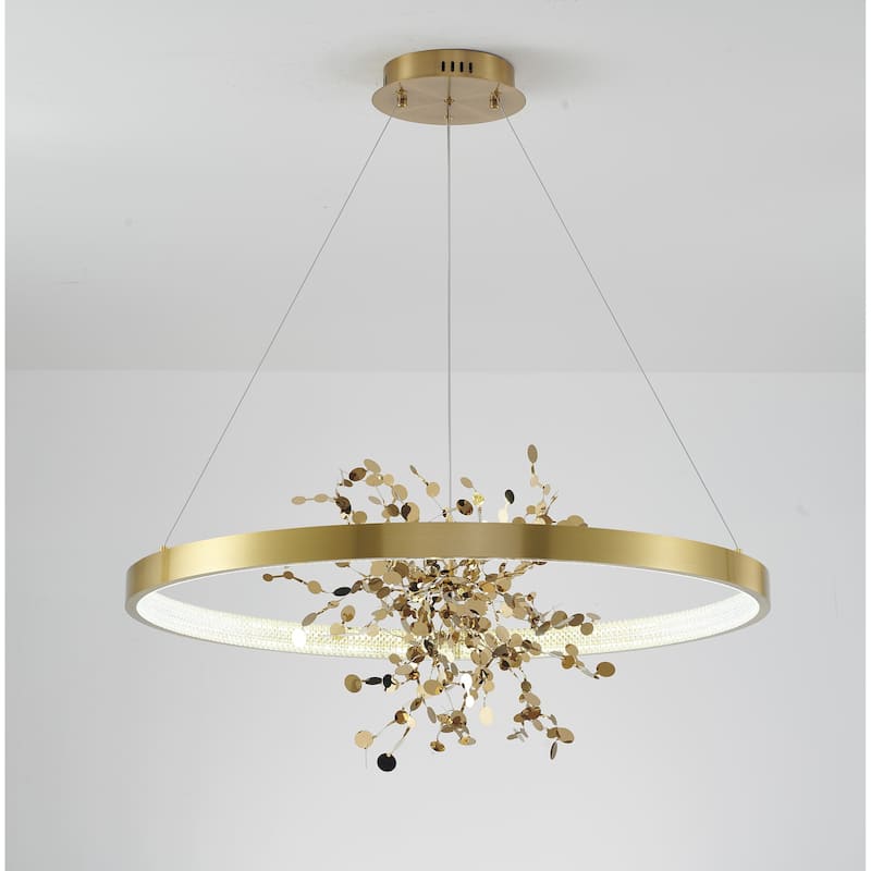 1-Light Gold Stainless Steel LED Chandelier With Confetti Interior