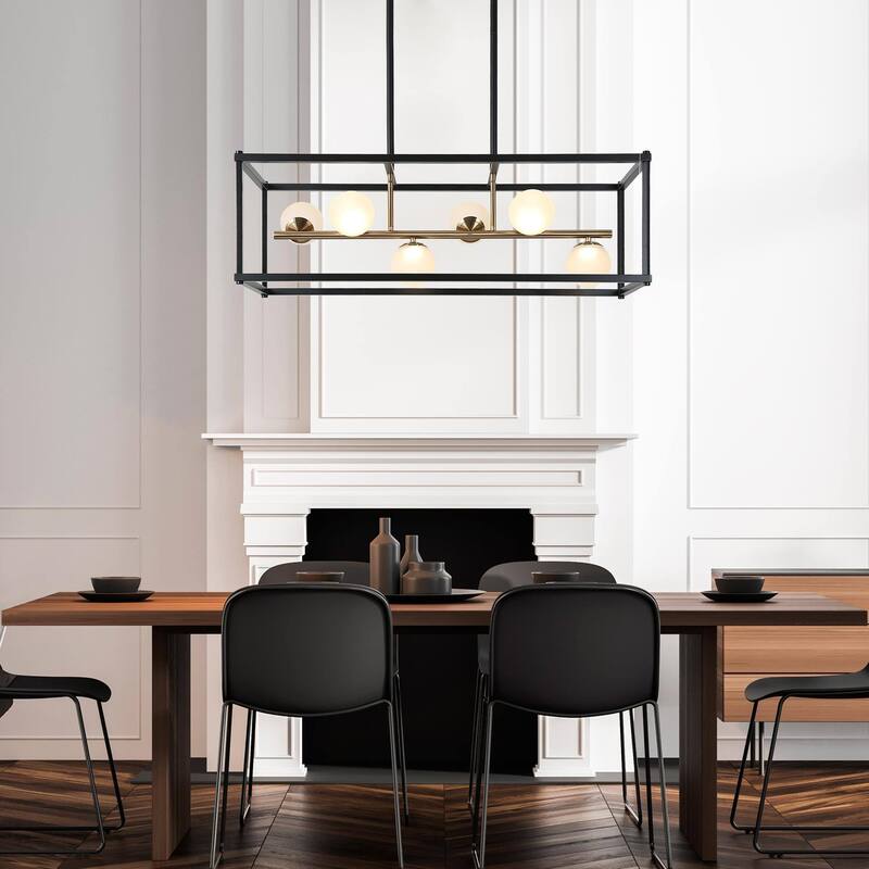 Modern LED Black Gold Chandelier 6-Light Rectangle Island Lights for Dining Room - 34" L