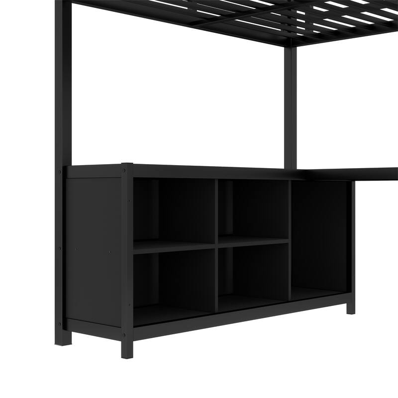 Roomfitters Full Size Metal Loft Bed with Wardrobe & L-Shaped Desk, Storage Cubes & Shelves, Space-Saving Design, Black