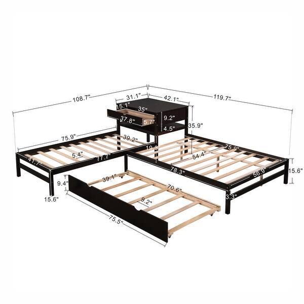 Full Size L-shaped Platform Beds with Drawers Linked with Built-in Rectangle Table and Twin Size Trundle.