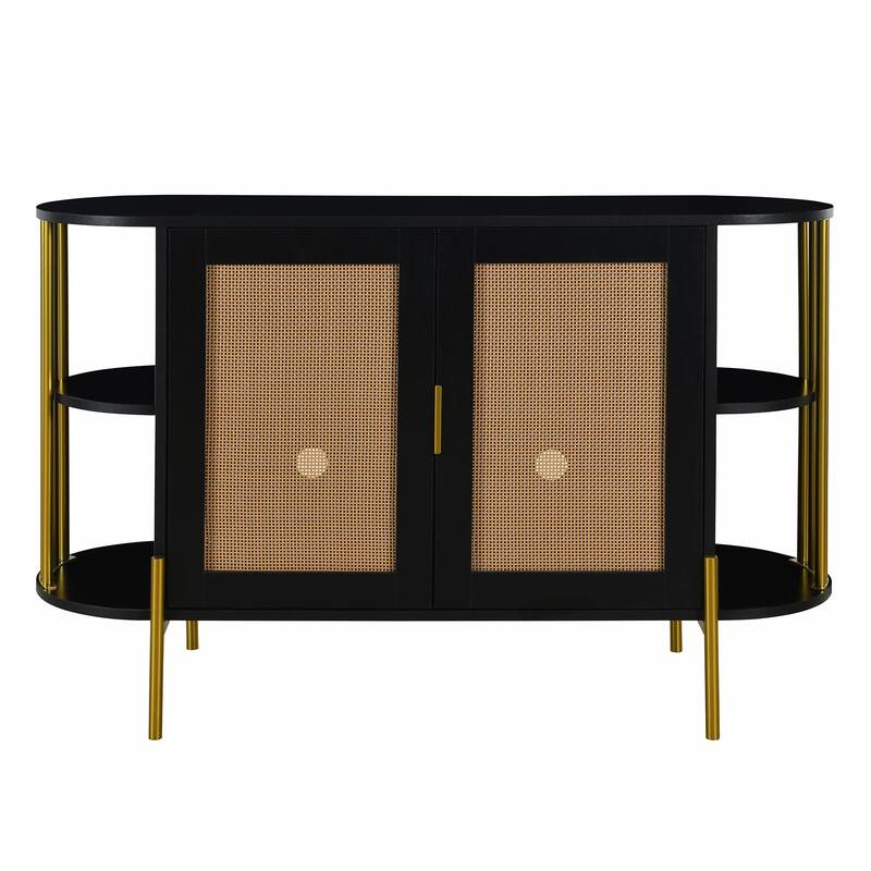 2-Door Curved Dining Cabinet - Elegant with Gold Trim and Woven Rattan Doors