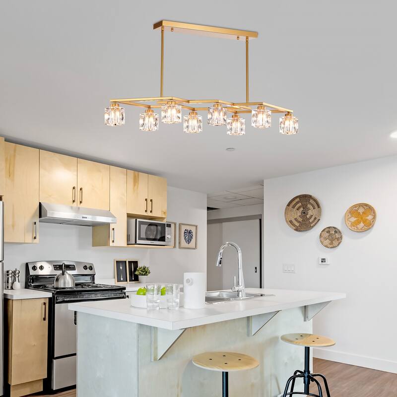 Modern 8-Light Crystal Chandelier Matte Gold Industrial Metal Chandelier, for Dining Room Kitchen, Living Room