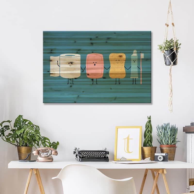 The Bathroom Gang Print On Wood by HandsOffMyDinosaur - Multi-Color