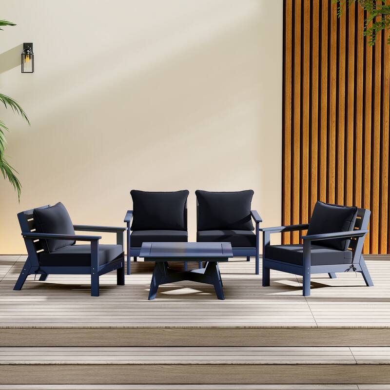 Birchwood All Weather HDPE Outdoor Patio Navy Blue Deep Seating Conversation Set (5-Piece Set) - Navy Blue/Navy Blue