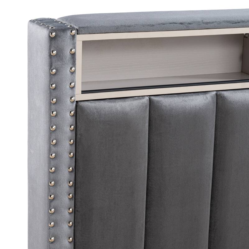 Contemporary Dark Gray Solid Wood Bed Frame with Open Compartments