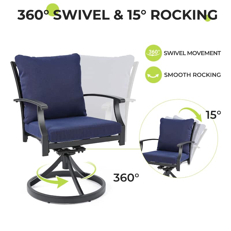 IvyGlow 5-Piece Black Metal Patio Dining Set with Square Table, 2 Swivel Dining Chairs and Gray Cushions