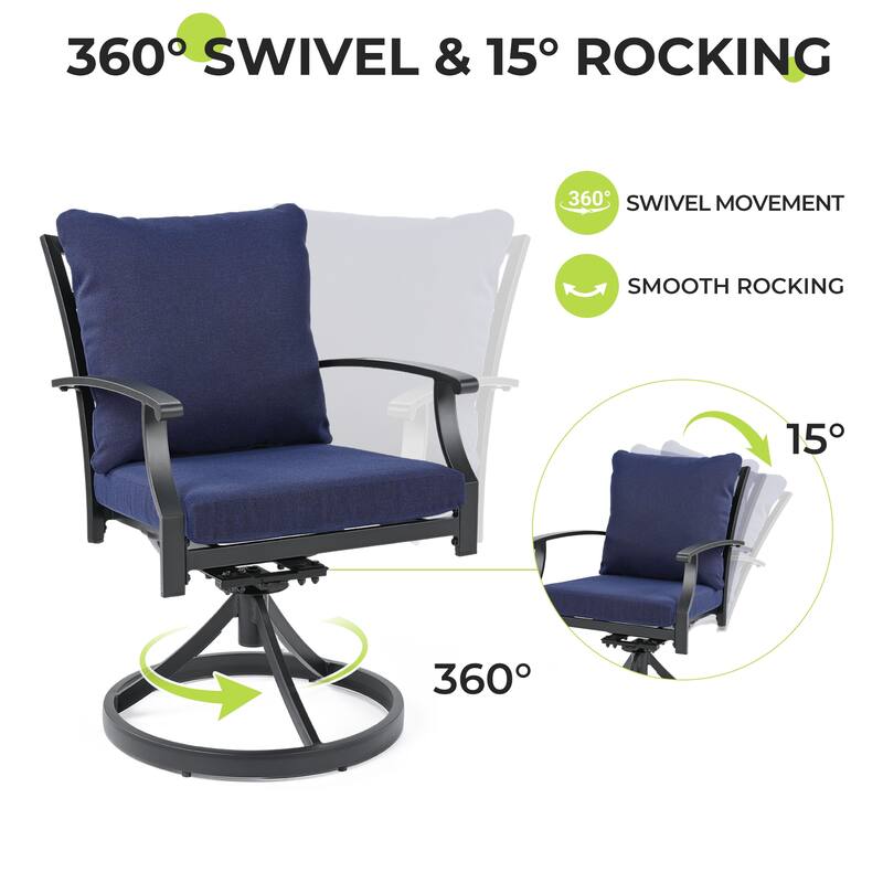 IvyGlow 9-Piece Black Metal Patio Dining Set with Rectangular Table, 2 Swivel Dining Chairs and Gray Cushions