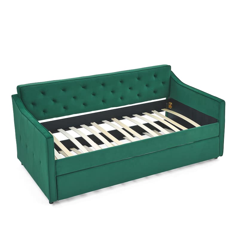 Green Velvet Upholstered Tufted Sofa Bed Twin Size Daybed with Trundle and Curved Arms for Living Room, Guest Room