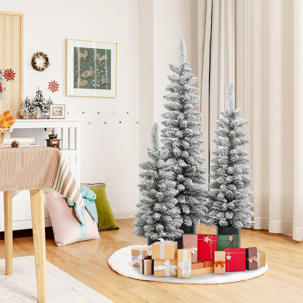 Set of 3 Snow-Flocked Christmas Trees with Metal Pots - 60" H x 15.7" Diameter