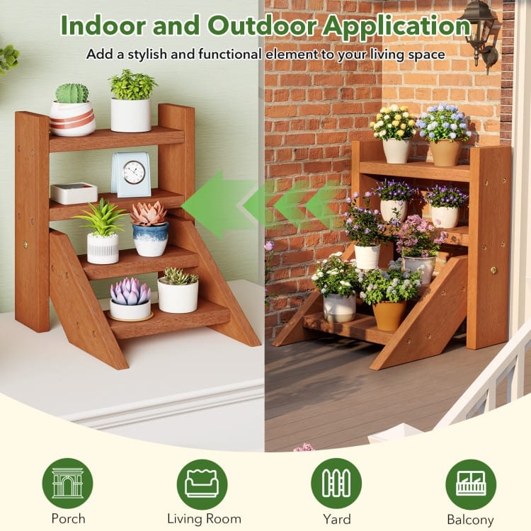 Natural Solid Wood 4-Tier Ladder Flower Stand for Indoor Outdoor - 12" x 12" x 14"