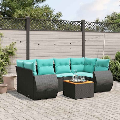 vidaXL 7 Piece Patio Sofa Set with Cushions Black Poly Rattan - 24.4x 24.4x 27.2