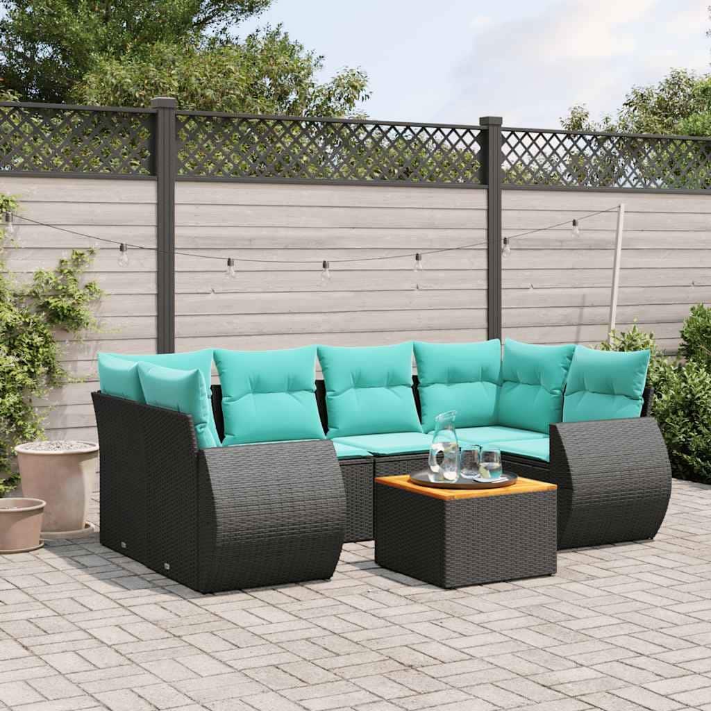 vidaXL 7 Piece Patio Sofa Set with Cushions Black Poly Rattan - 24.4x 24.4x 27.2