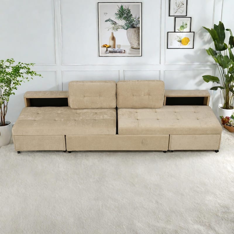 121.2" Chenille Modular Sofa Bed with Two Storage Racks, Free-Combined Design, and Smooth-Rolling Wheels - Brown