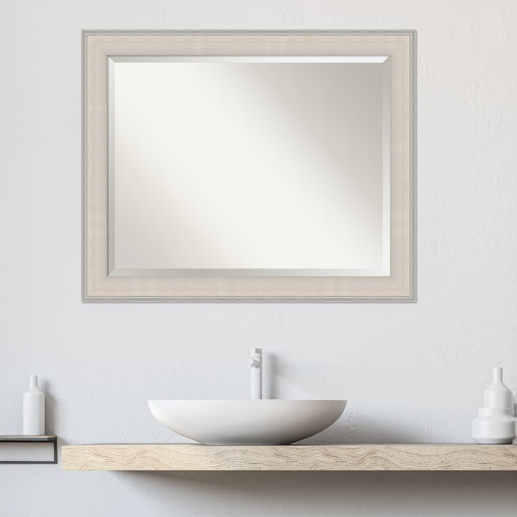 Cottage White Silver Beveled Wood Framed Bathroom Vanity Wall Mirror - Cottage White Silver