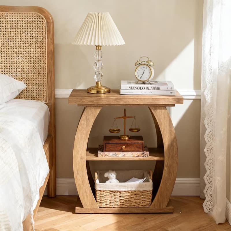 3-Tier Wooden End Table with Curved Frame, Farmhouse Narrow Bedside Table Side Table