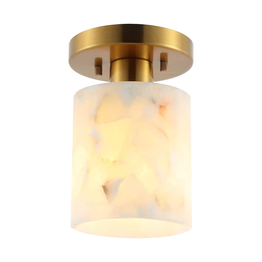 Hadley 5.13" 1-Light Modern Contemporary Alabaster/Iron Cylinder LED Semi Flush Mount, White Marbling/Brass Gold by JONATHAN Y