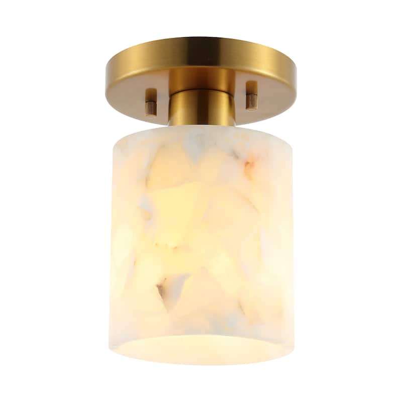 Hadley 5.13" 1-Light Modern Contemporary Alabaster/Iron Cylinder LED Semi Flush Mount, White Marbling/Brass Gold by JONATHAN Y - White Marbling/Brass Gold