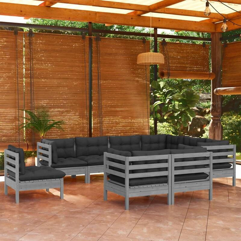 vidaXL Solid Pinewood Patio Lounge Set 10 Piece with Cushions Multi Colors - 25" x 25" x 24.6" - Grey