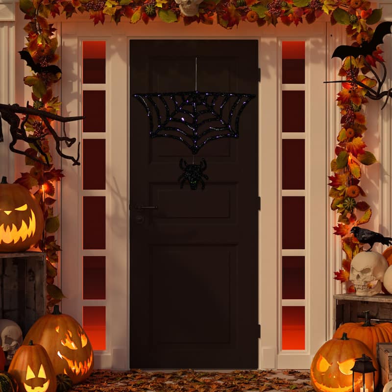 Lighted Spider and Web Halloween Decoration - 36" - Black - Purple LED Lights