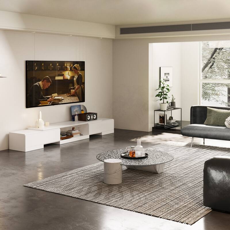 Sleek Entertainment Center with Drawers and Open Shelves