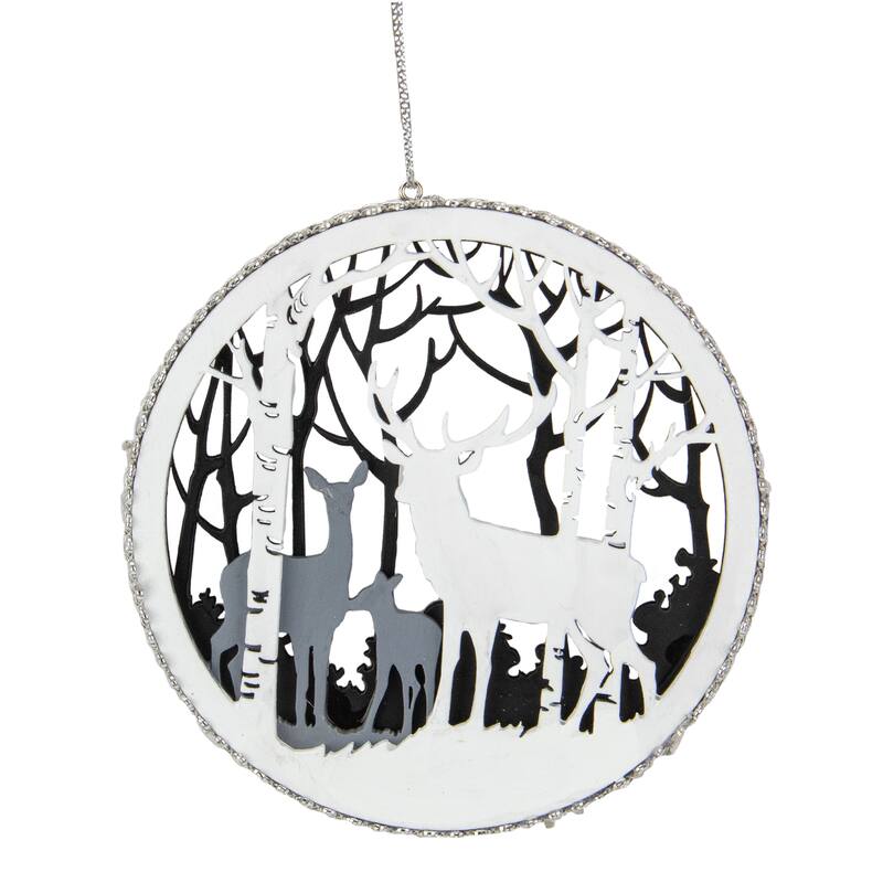 Reindeer with Forest Christmas Disc Ornament - 4.25" - Gray and White