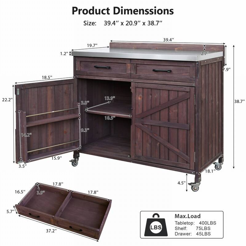 2-Piece Outdoor Kitchen Island Set with Stainless Steel Top and Sink, Drawer and Cabinets for Outdoor Storage w/ Wheels