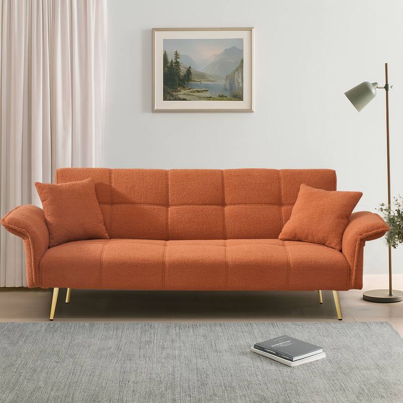 Modren Teddy Fabric Upholstered Convertible Futon Sofa Bed with Folding Armrests - Orange