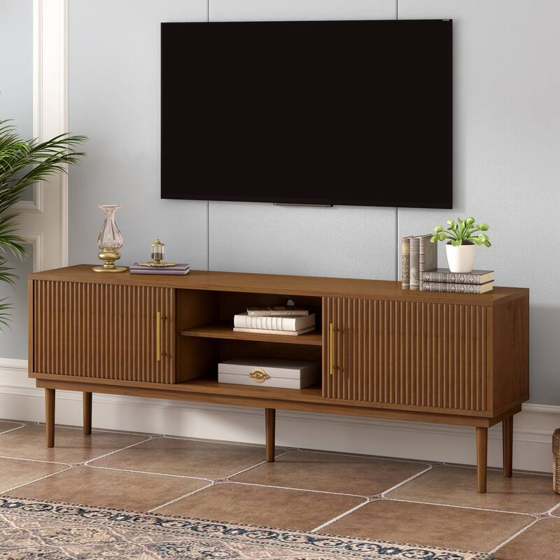 TV Stand Media Console with Fluted Door Cabinets, Solid Wood Legs