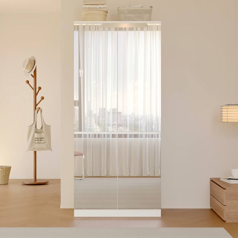 Modern Mirrored Wardrobe Armoire with Hanging Rod White Bedroom Storage Cabinet, Freestanding Closet Organizer