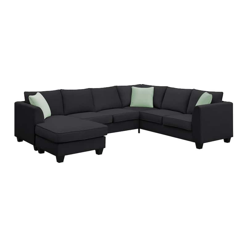 112'' Spacious L-Shaped 7 Seat Modular Sectional Sofa with Ottoman, 3 Pillows, Sturdy Wood and Iron Frame