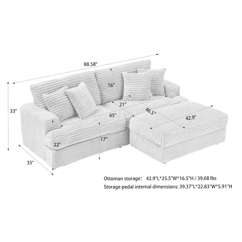 Corduroy Deep Seat L-shaped Chaise Sectional Sofa with Storage Ottoman