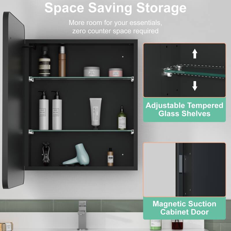Milo LED Iron Medicine Cabinet with Mirror, Dimmable, Anti-fog, Adjustable Glass Shelves, Recessed or Surface Mount