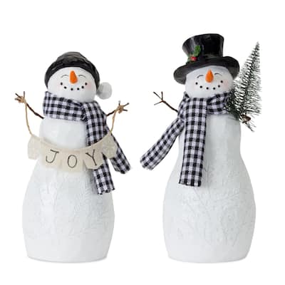 4 Black White Snowman Plaid Scarf Christmas 6 Piece Figurines 8.5"